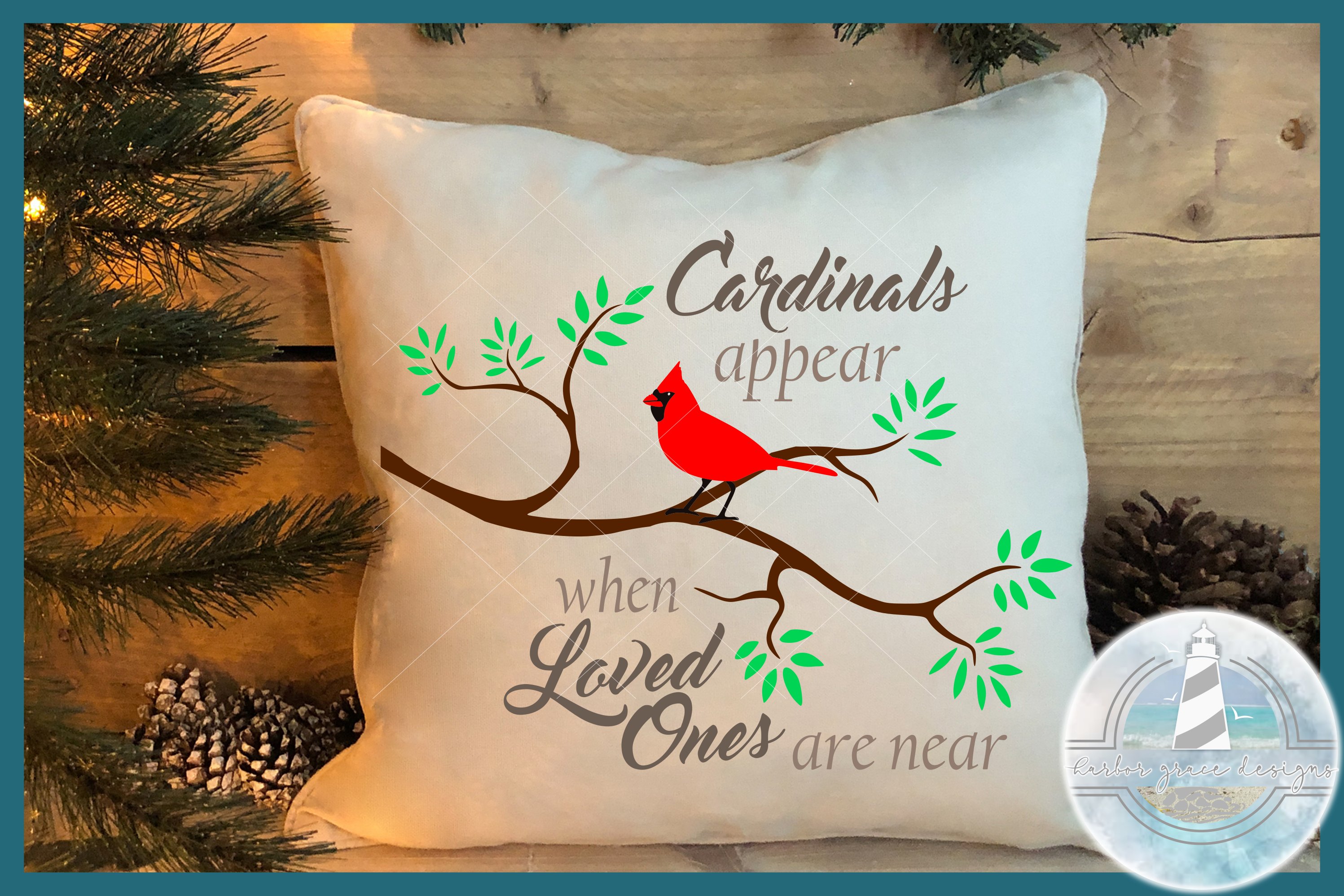 Cardinal sits on a tree branch with the words cardinals appear when loved are near.