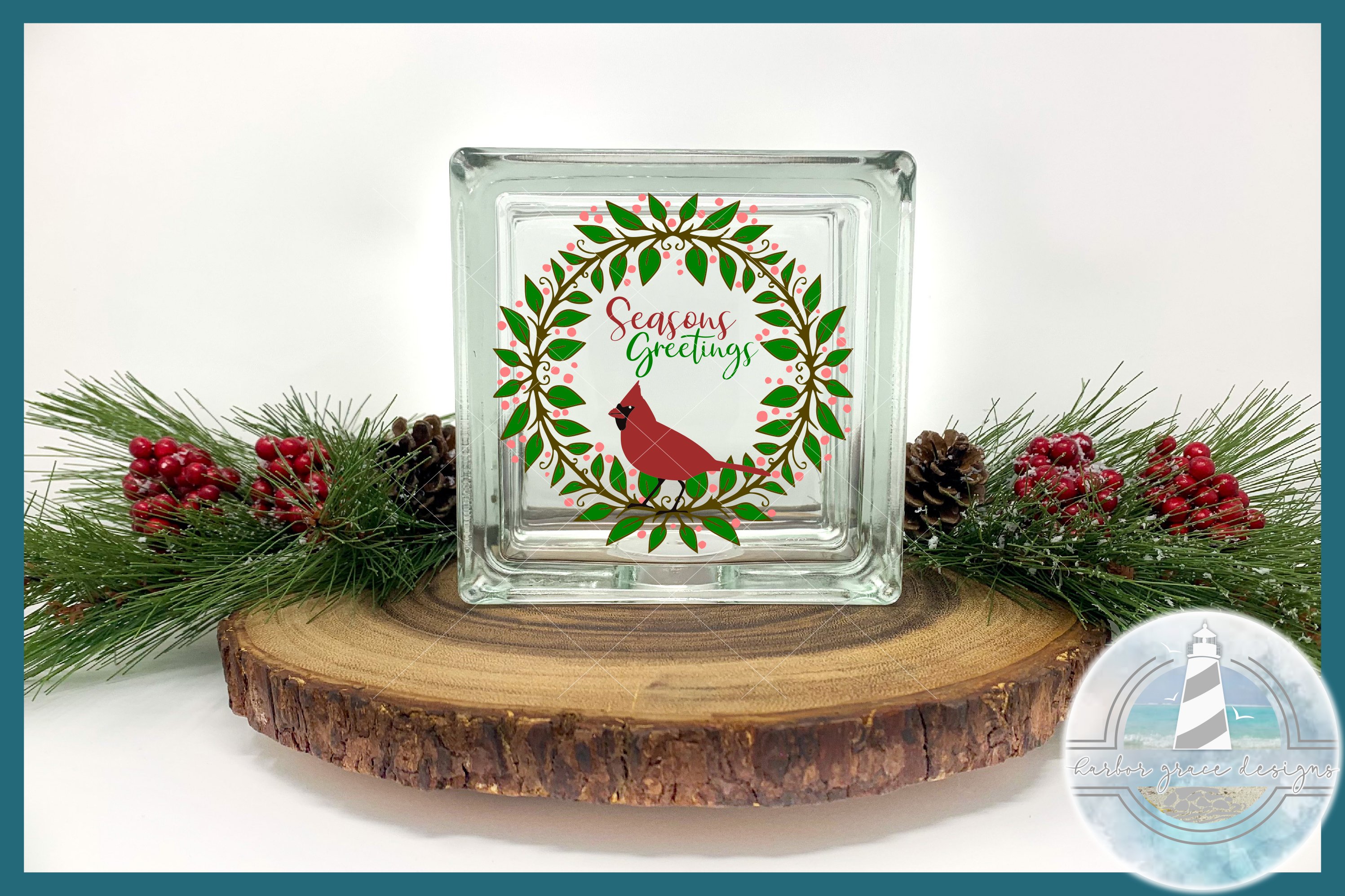 Glass block with a cardinal on it.