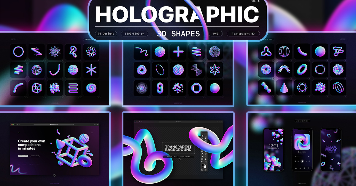 Holographic 3D Shapes Collection – MasterBundles