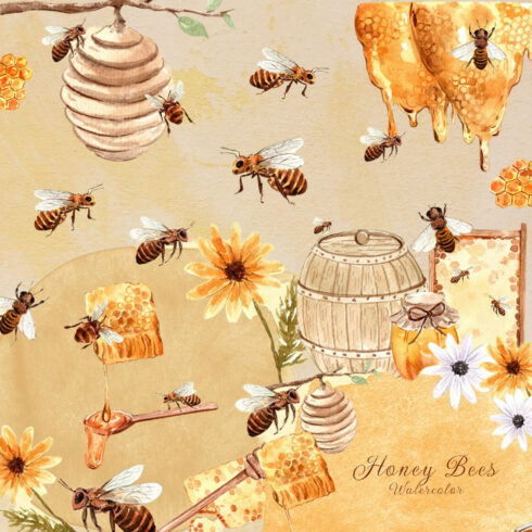 Honey Bees Watercolor - Preview Image.