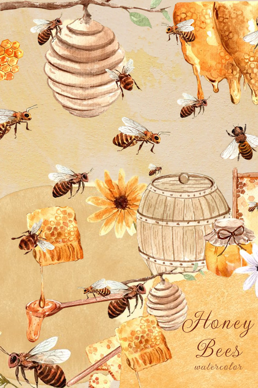 Honey Bees Watercolor - Pinterest Image Preview.