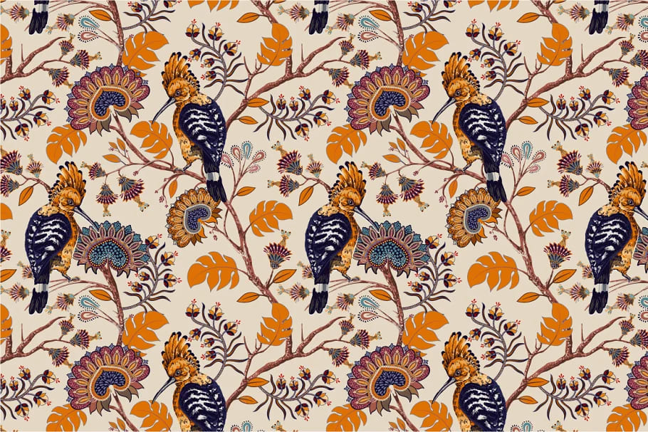 hoopoes and flowers seamless patterns.