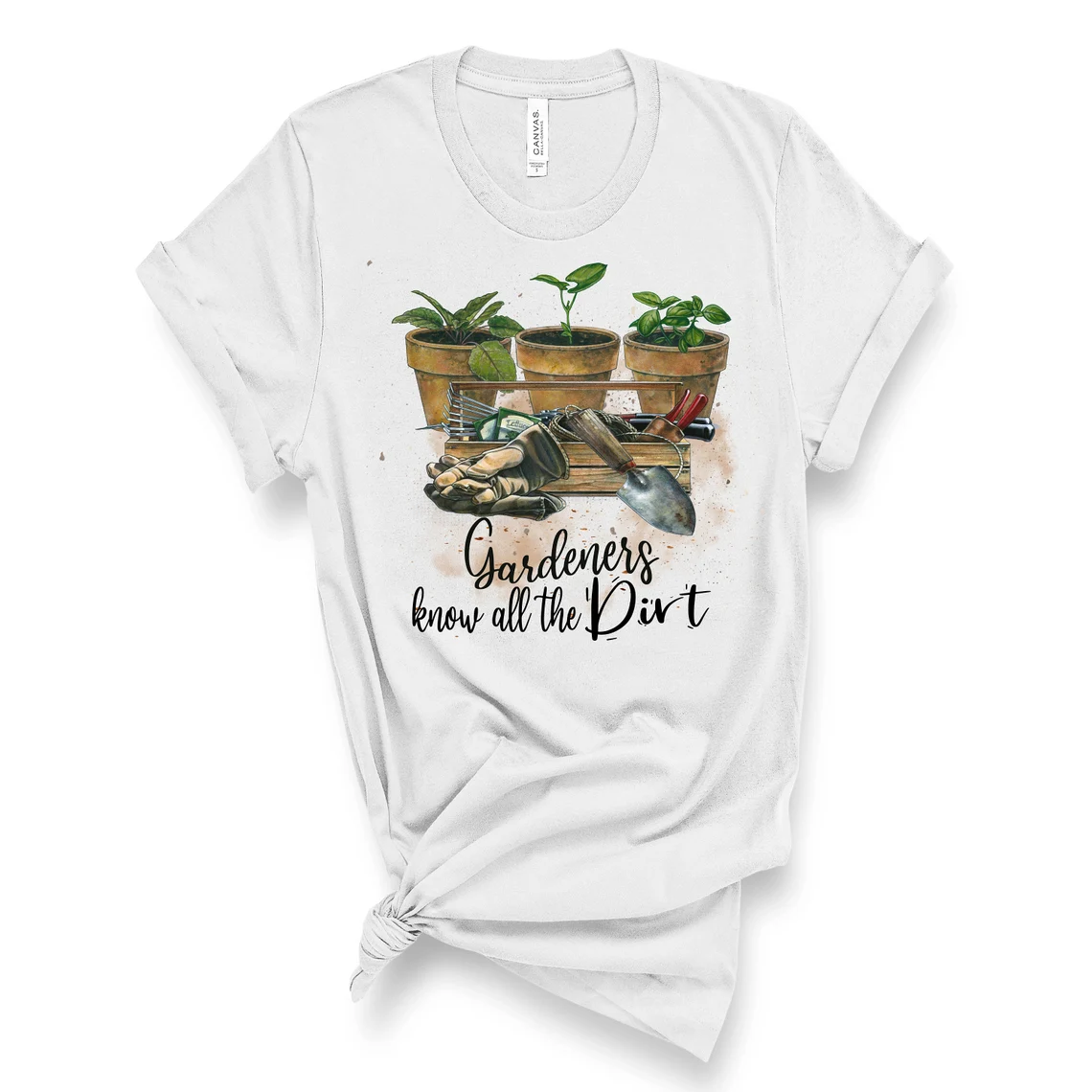 A great print on a white t-shirt in flower pots.