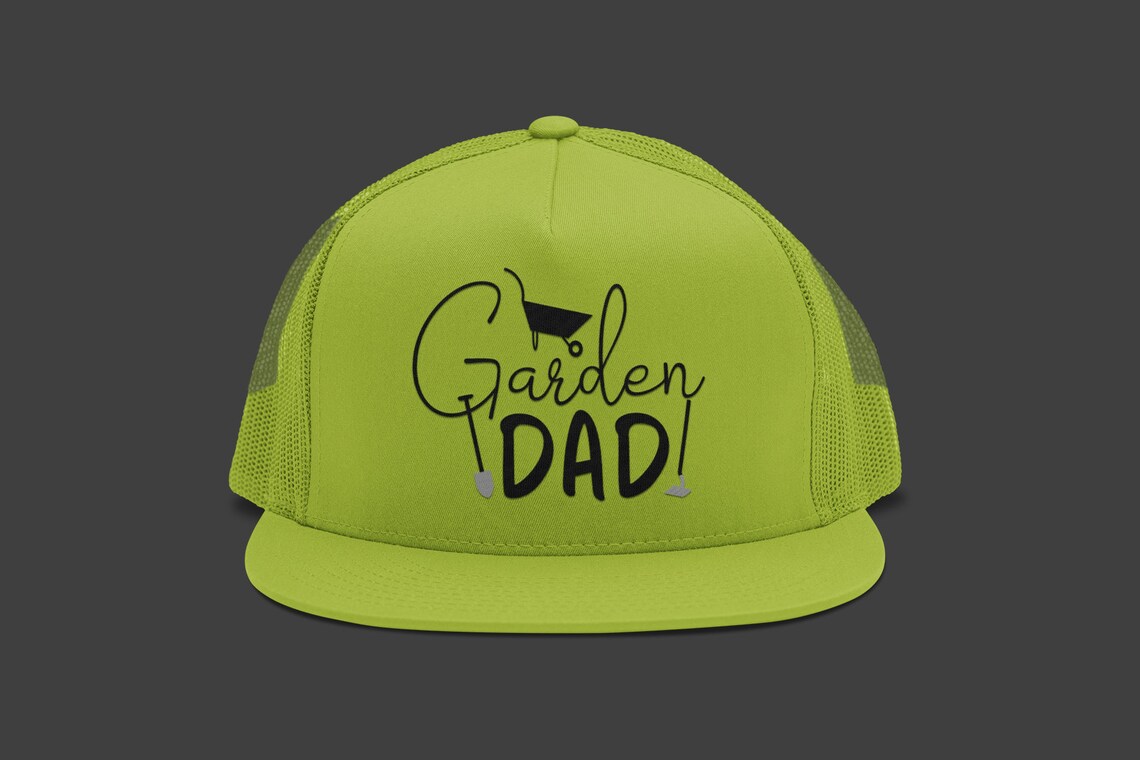 A green cap with a gardening theme.