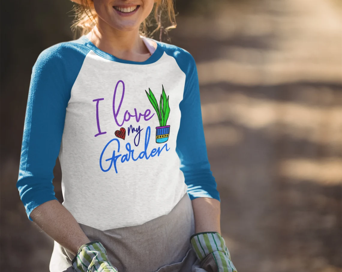 T-shirt of a gardener girl with a blue and white T-shirt.