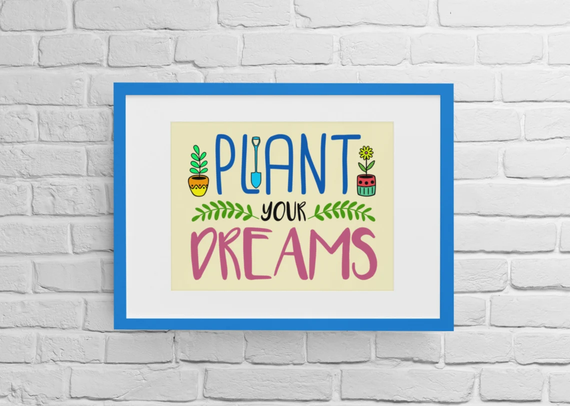 Picture with a blue frame with a plant theme.