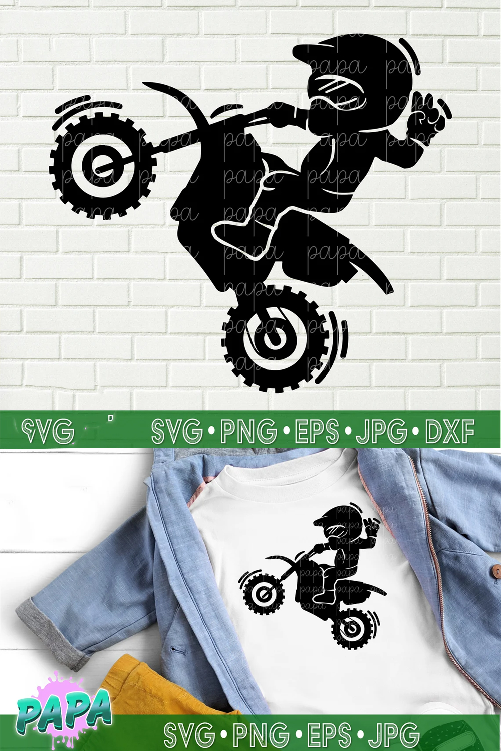 Awesome kid motorcyclist black print on clothes.