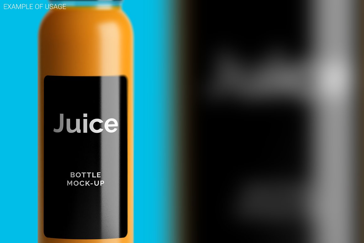 Orange juice bottle with a black label.