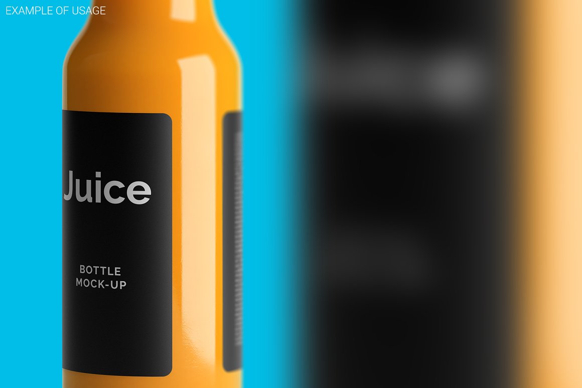 Orange juice bottle with a black label.