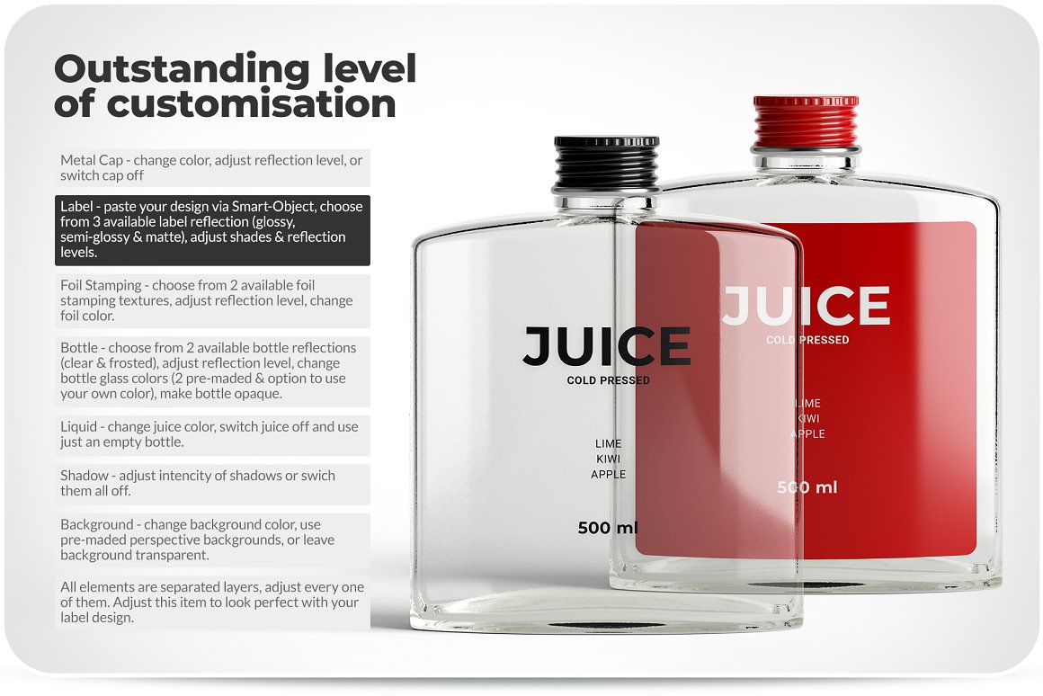 Transparent bottles with the inscription juice with gray color.
