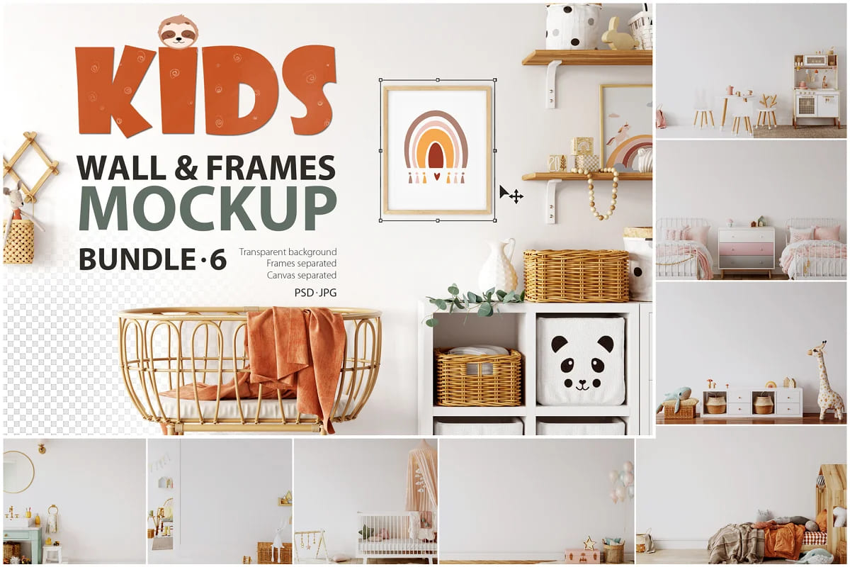 kids frames wall mockup bundle for your designs.