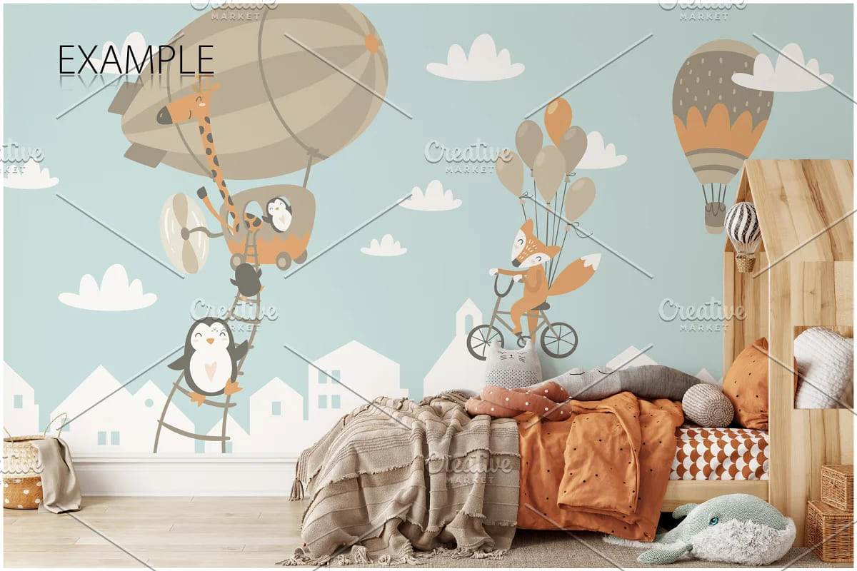 kids frames wall mockup bundle, example with bed-house and colorful wallpapers.