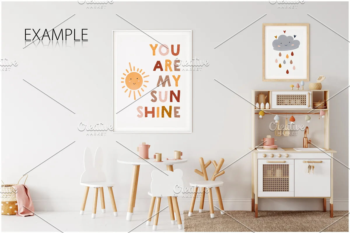 kids frames wall mockup bundle, example with kids kitchen and frames on the wall.