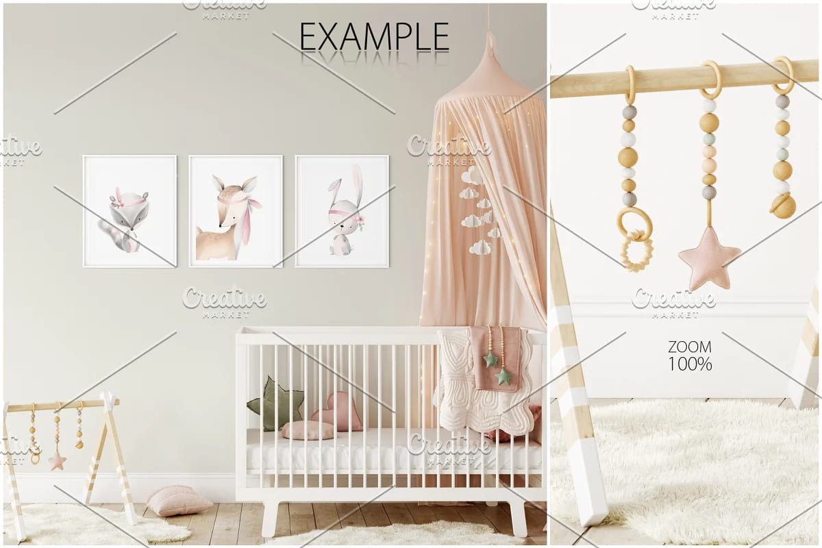 kids frames wall mockup bundle, example with babyborn bed and frames on the wall.