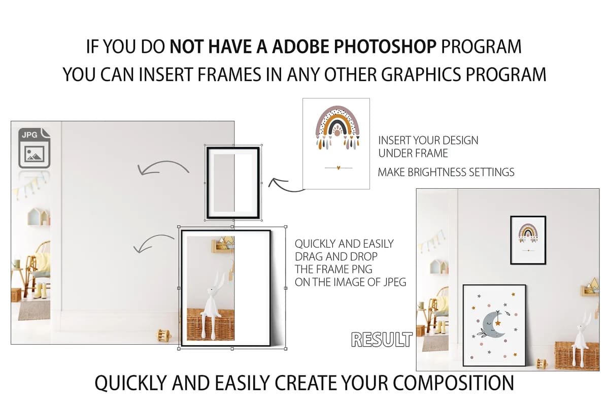kids frames wall mockup bundle, instructions if you don't have adobe photoshop.