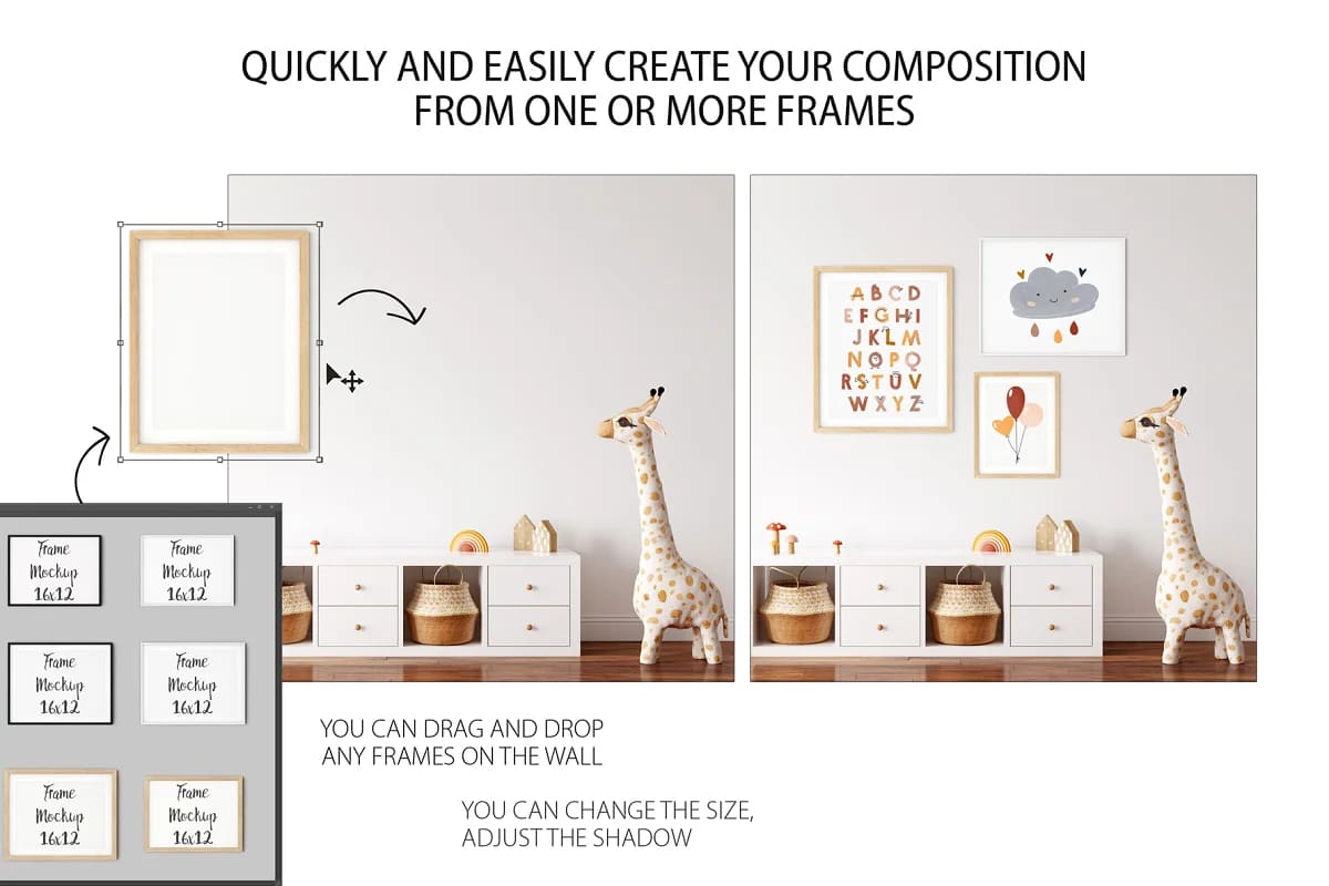 kids frames wall mockup bundle, compositions with one or more frames.