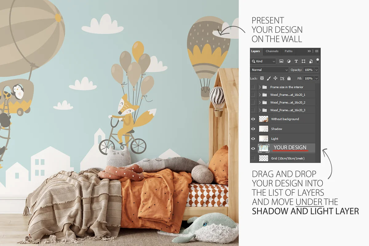 kids frames wall mockup bundle, how to present design on the wall.