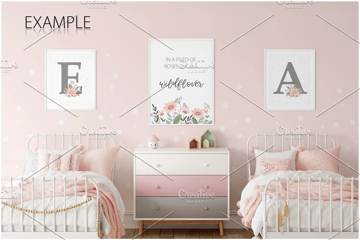kids frames wall mockup bundle, example of design of room for two girls.