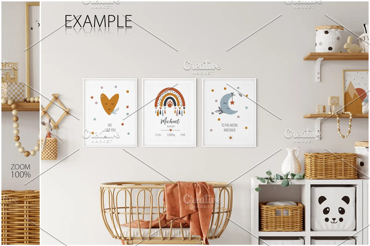 kids frames wall mockup bundle, example of design of room for newborn.