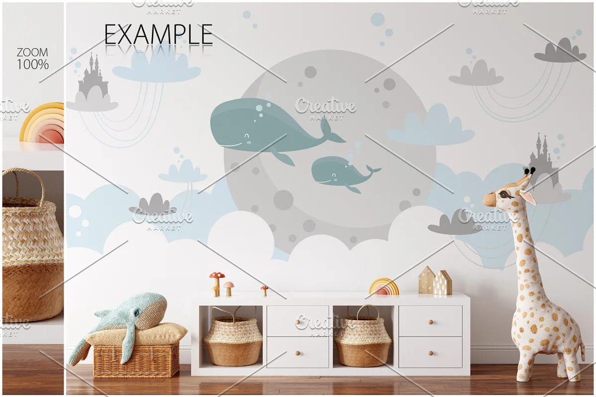 kids frames wall mockup bundle, example with giraffe, whale and dresser.