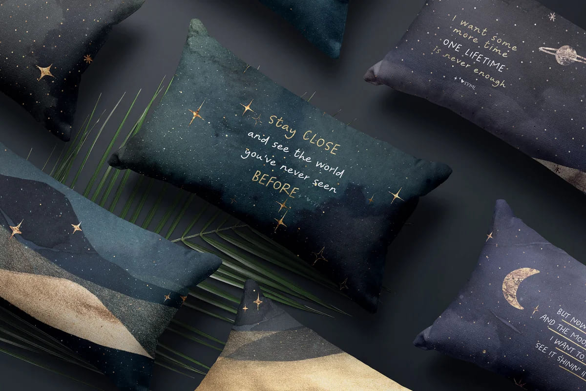 landscape seamless galaxy textures, pillows mockup.