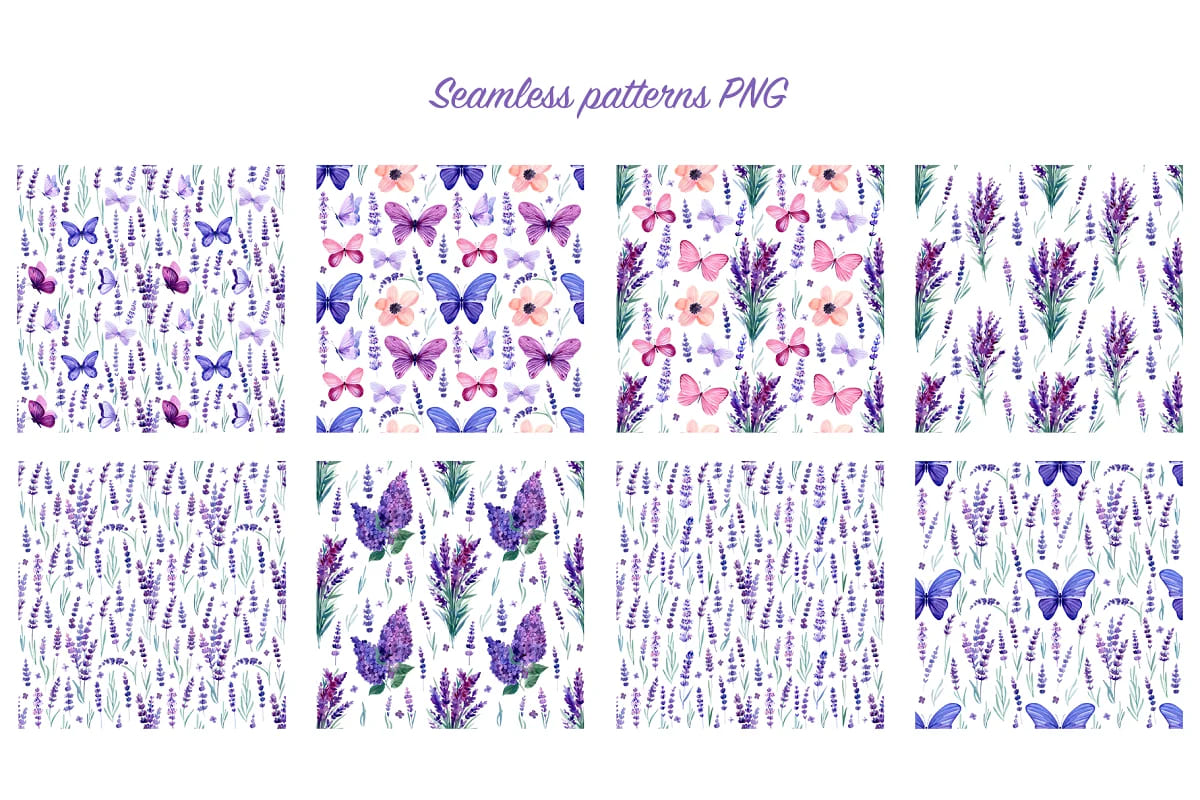 lavender flowers and butterflies, seamless patterns.
