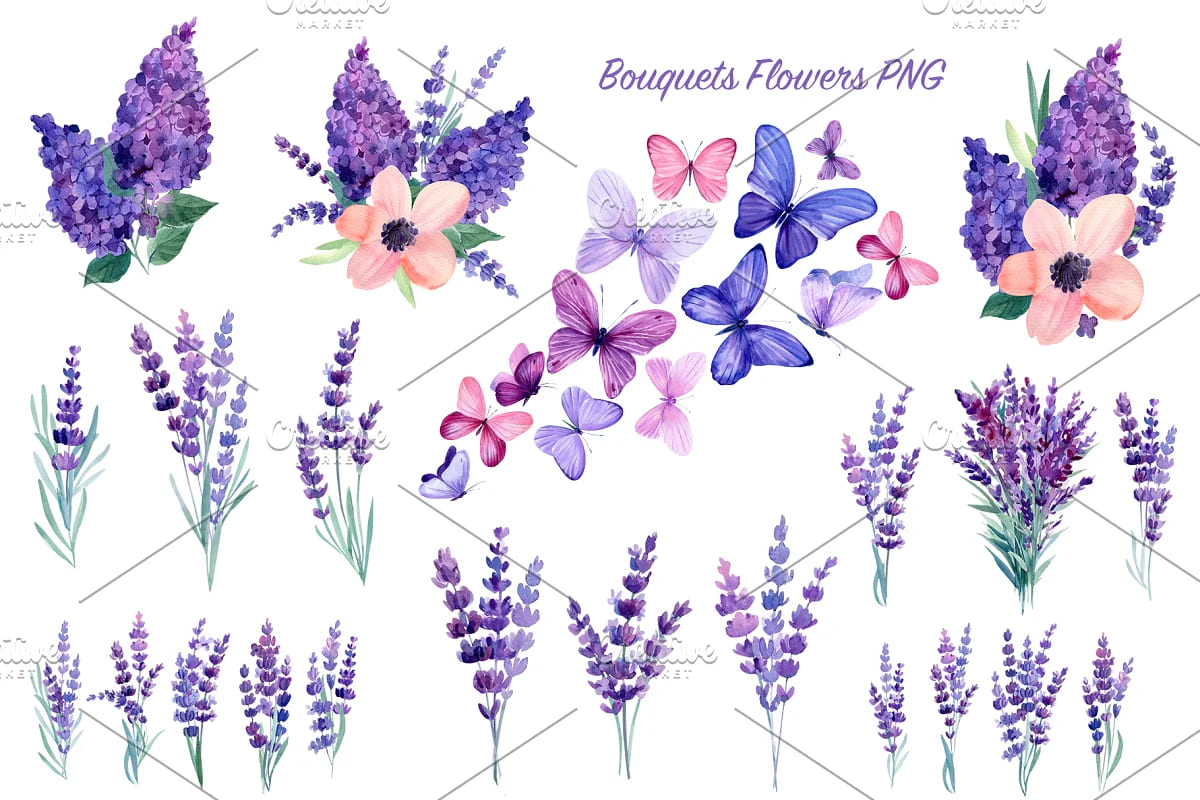 lavender flowers and butterflies handdrawn floral art.