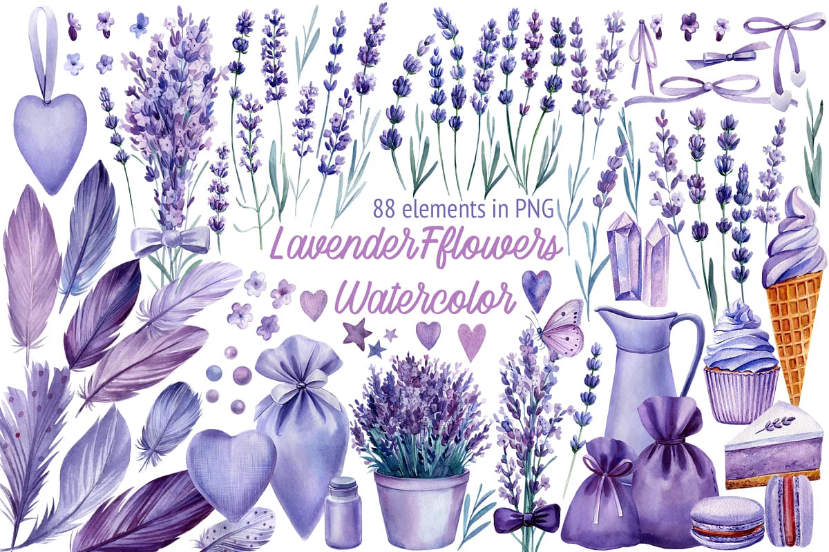 Lavender Flowers Watercolor, Clipart facebook image.