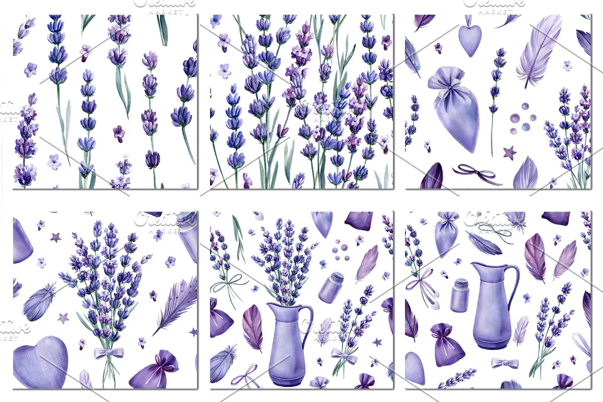 lavender flowers watercolor, seamless floral patterns.
