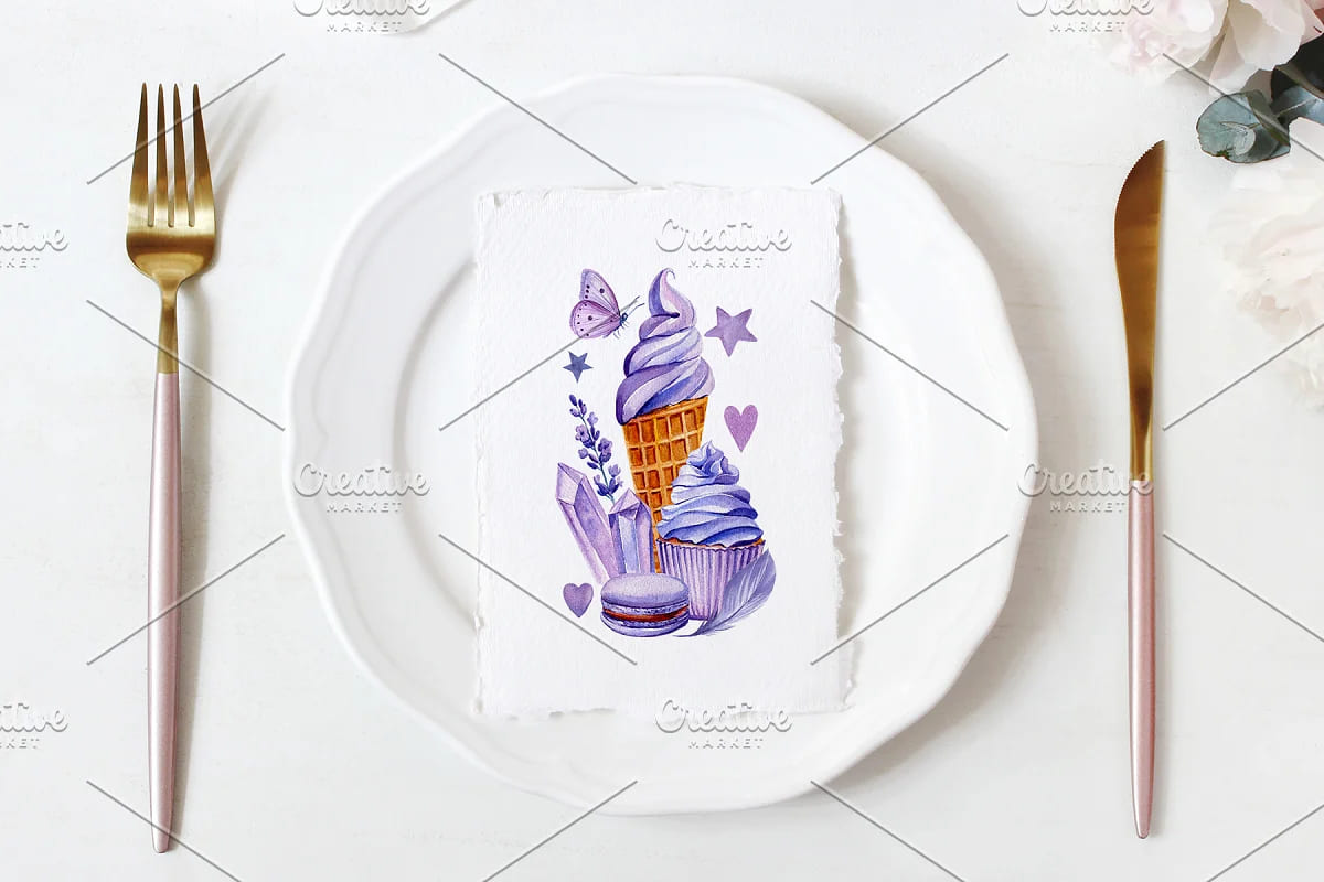 lavender flowers watercolor, card design mockup.