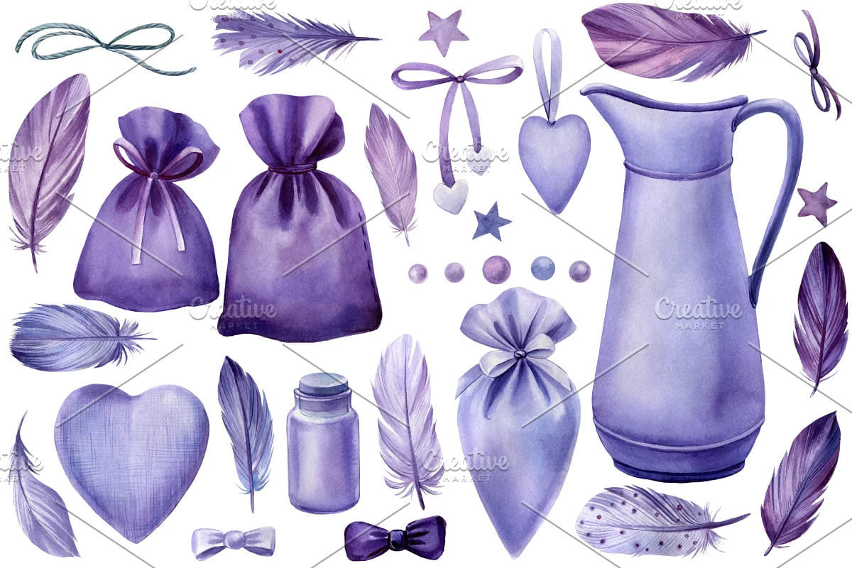 lavender flowers watercolor elements.