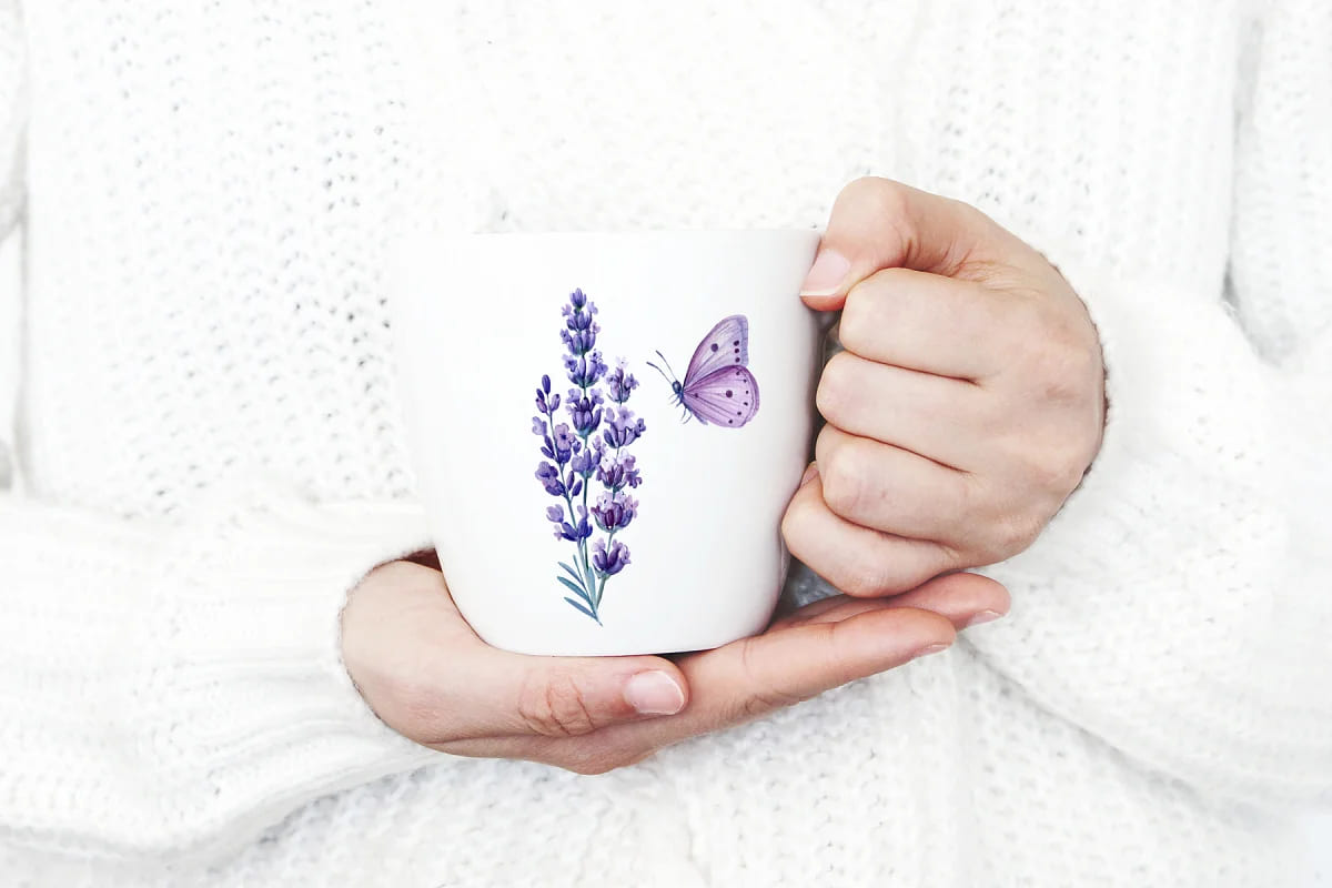 lavender flowers watercolor mug mockup.