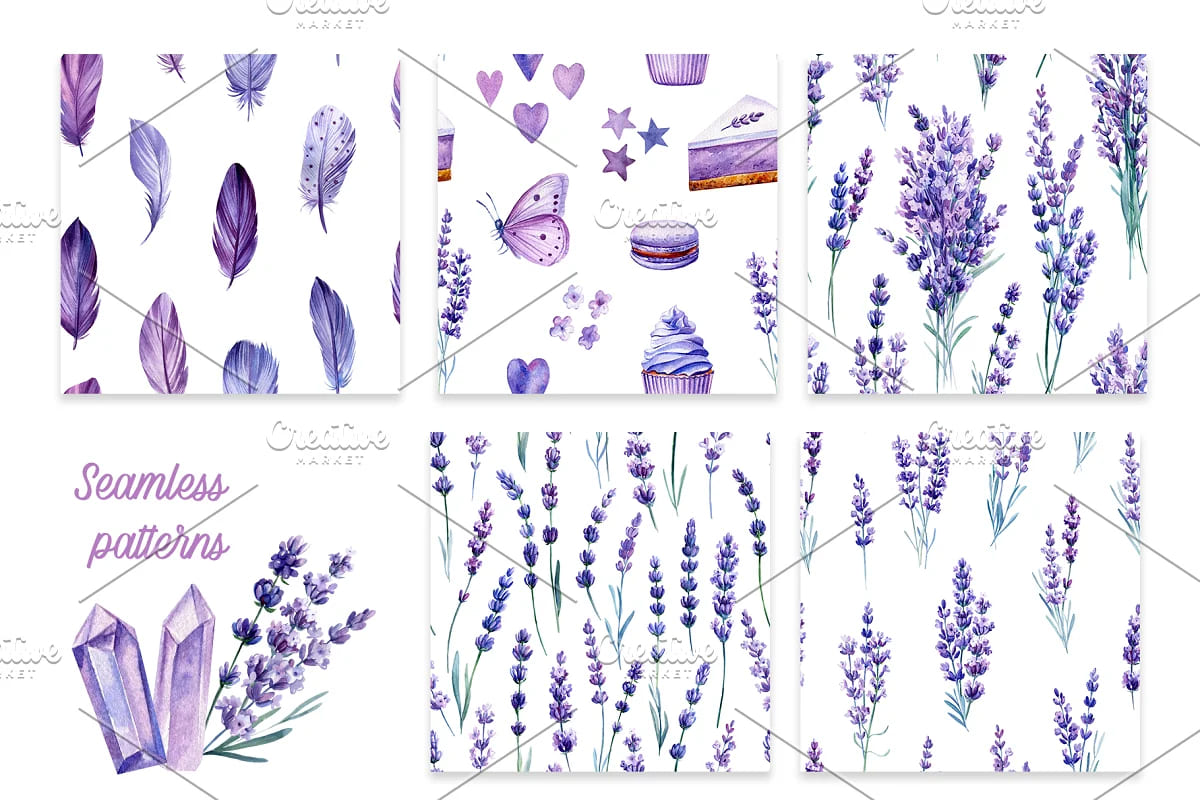lavender flowers watercolor patterns.