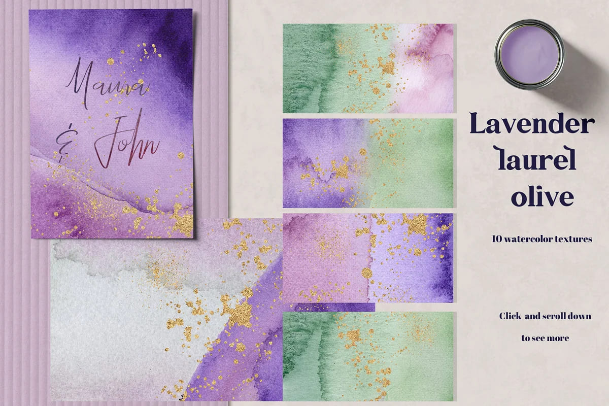 lavender laurel olive flowers, watercolor textures.