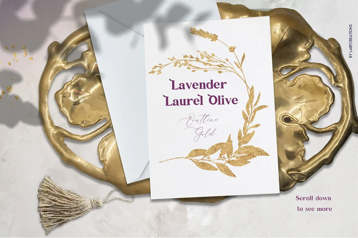 lavender laurel olive flowers, golden sprouts.
