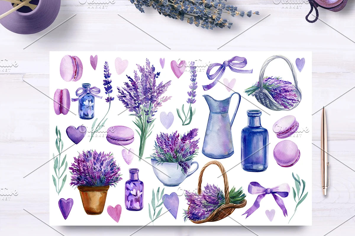 lavender watercolor elements.