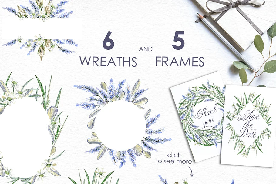lavender watercolor clipart set, frames and wreaths.