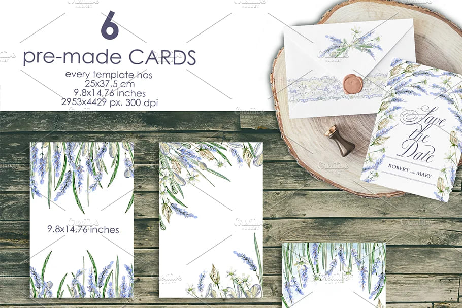 lavender watercolor clipart set, pre-made cards.