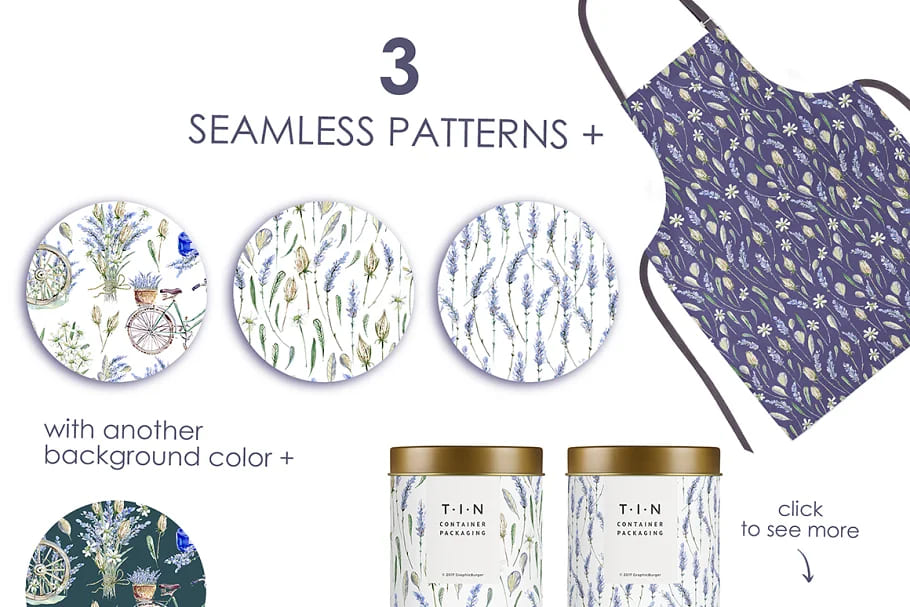 lavender watercolor clipart set, seamless patterns.