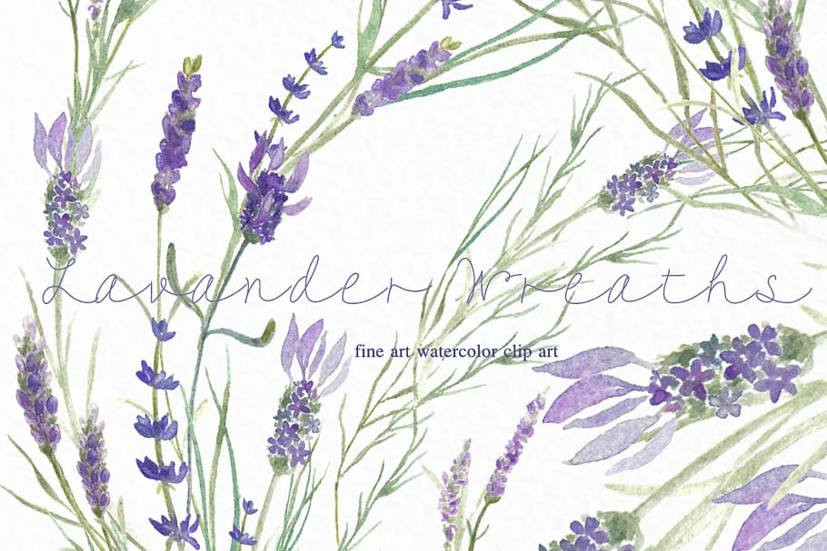 lavender wreaths watercolor clipart elements.