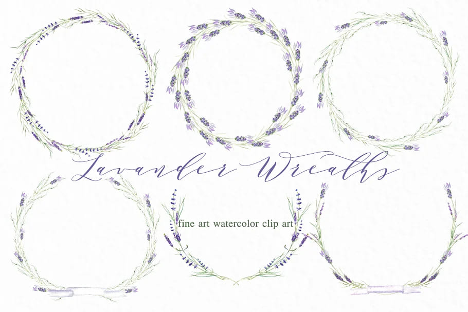 lavender wreaths watercolor clipart set.