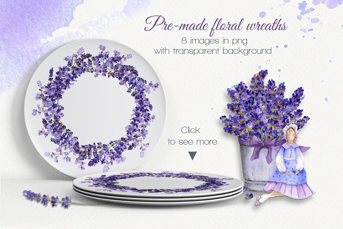 lilac provence watercolor collection, pre-made floral wreaths.