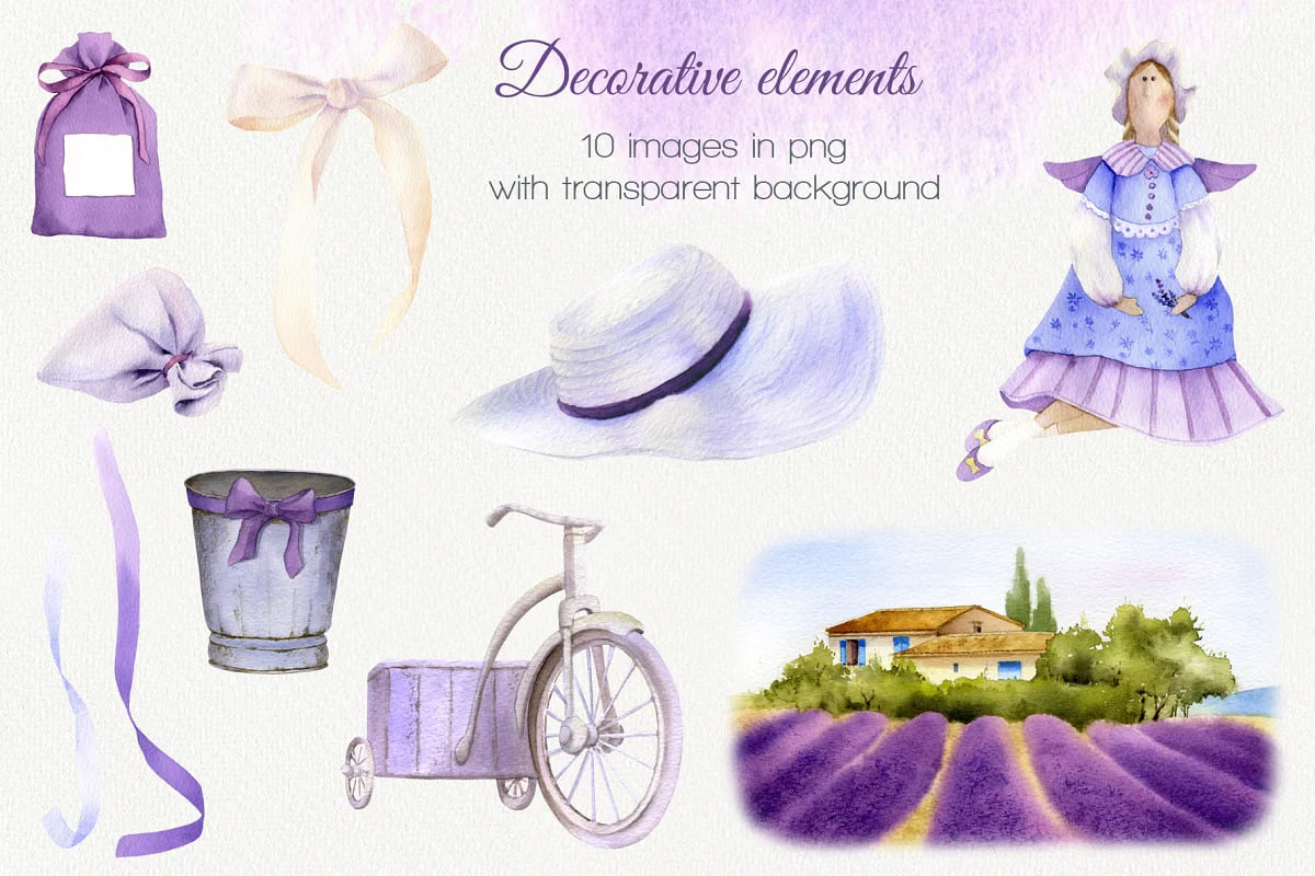 lilac provence watercolor collection, decorative elements.