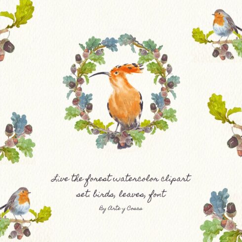 Live the Forest Watercolor Clipart Set. Birds, Leaves, Font cover image.