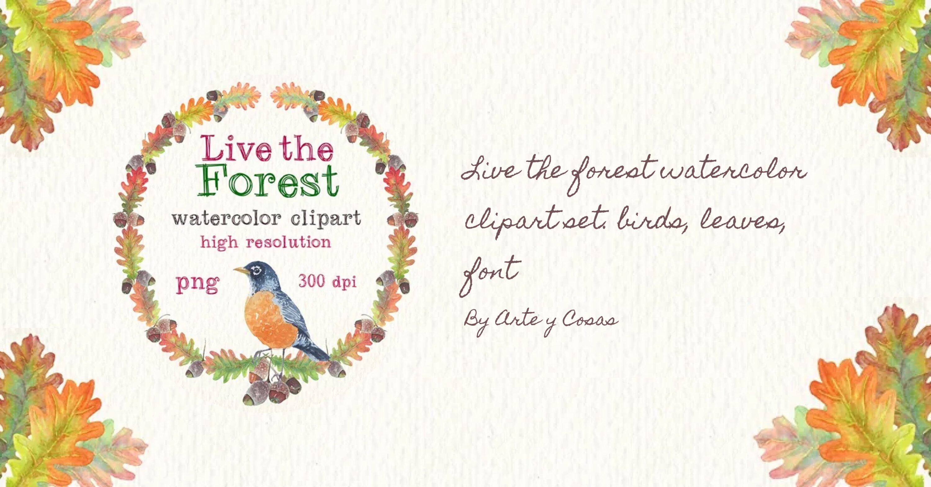 Live the Forest Watercolor Clipart Set. Birds, Leaves, Font facebook image.