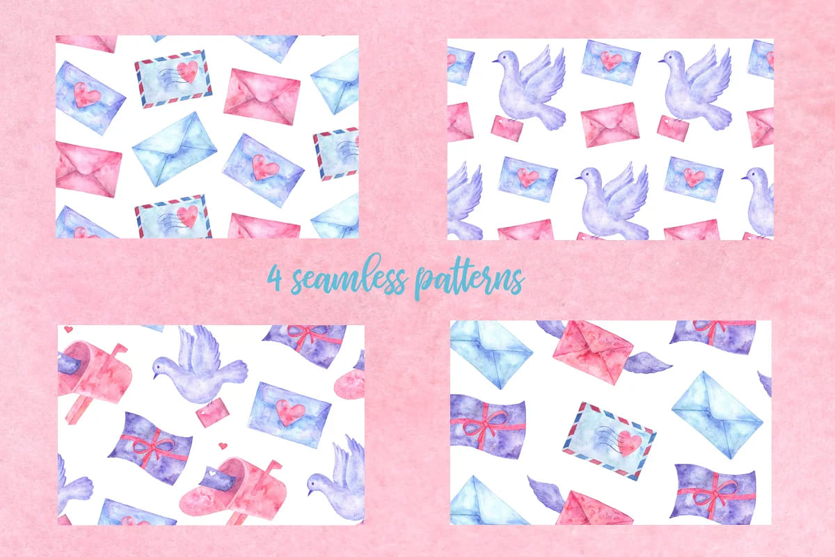 love letters. watercolor set, seamless patterns.