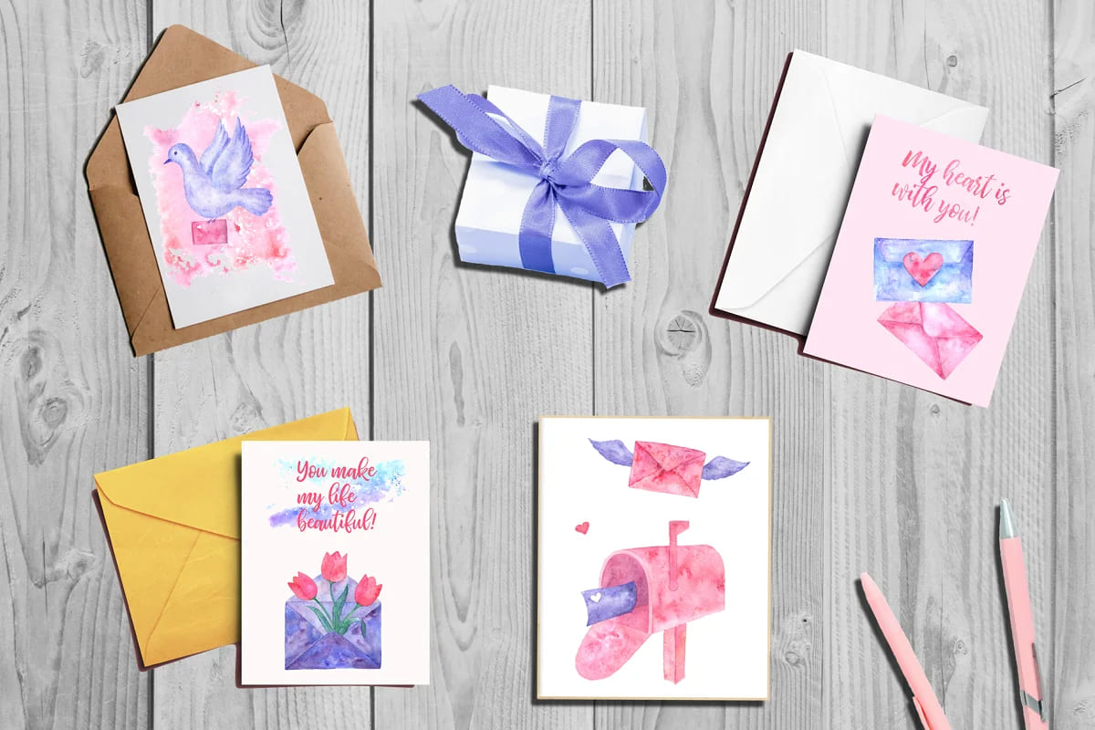 love letters. watercolor set, for greeting cards.