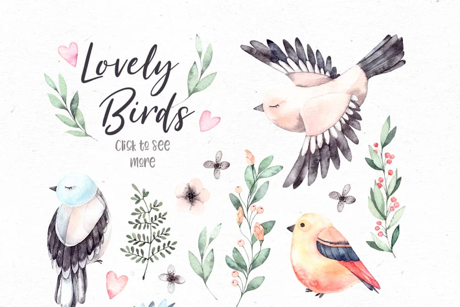 lovely birds. watercolor set elements.