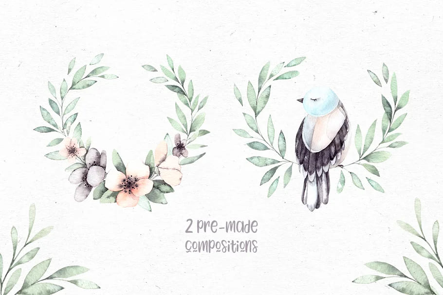 lovely birds. watercolor set, arrangements.