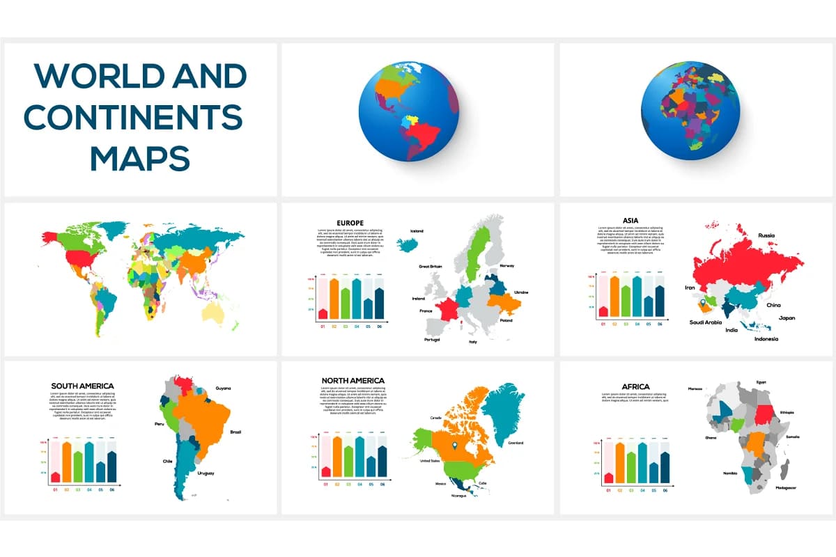 maps animated presentations, world and continents maps.